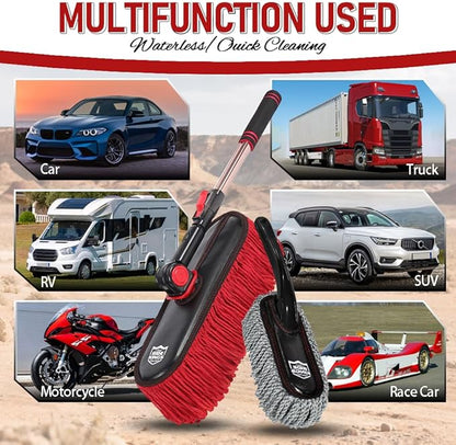 Car Duster with Telescopic Handle for Exterior Scratch-Free Cleaning, Auto Dust Remover Set with Small Brush for Dashboard & Interior Detailing