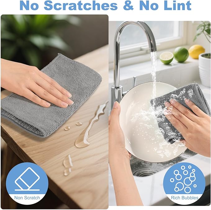 TIVERAIN 10pcs New Upgrade 2-Layer Microfiber Wire Dishcloth,Non-Scratch Wire Dishwashing Rags for Wet and Dry,Metal Scrubbers, Kitchen Miracle Cleaning Dish Rags for Cookware,Sinks, Dishes,Stove,Grey