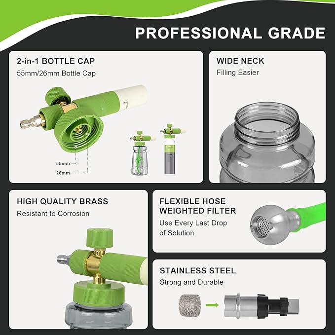 Foam Cannon with Foam Economizer for Pressure Washer, Soap Cannon with 1/4" Quick Connect & Adjustable Nozzle for Car Wash Fit Most Liquid Bottles, Additional 1.1 mm Orifice Nozzle (Green)