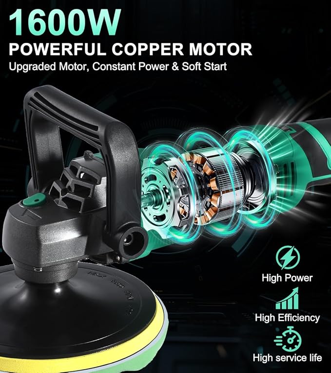 Buffer Polisher, 1600W 7 Inch/6 Inch Pure Copper Motor Car Buffers and Polishers Kit, 7 Variable Speeds 1000-3500 RPM Car Polishers and Buffers, Ultra-long Cord for Car Boat Polishing Waxing.