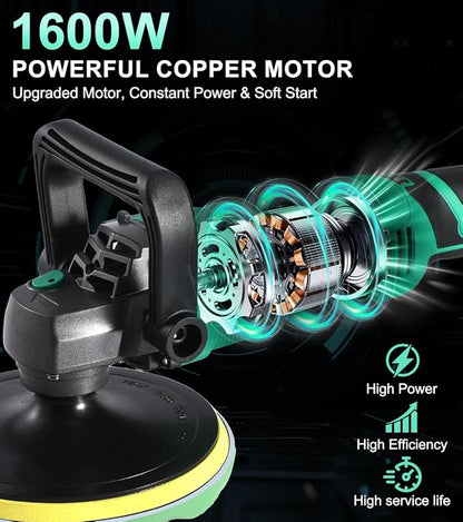 Buffer Polisher, 1600W 7 Inch/6 Inch Pure Copper Motor Car Buffers and Polishers Kit, 7 Variable Speeds 1000-3500 RPM Car Polishers and Buffers, Ultra-long Cord for Car Boat Polishing Waxing.