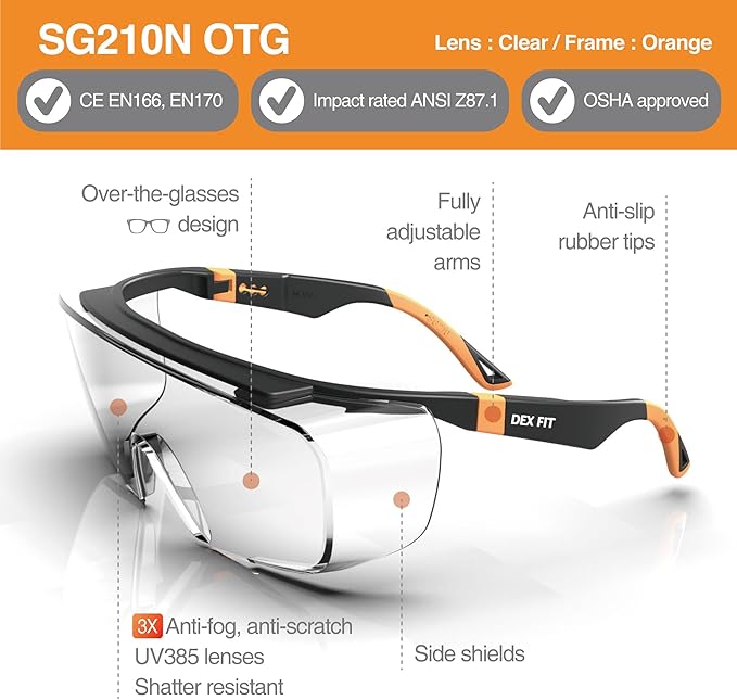 DEX FIT Safety Over Glasses SG210 OTG; Fit Over Your Eyewear, Z87 Eye Protection, 3X Fog & Scratch Resistant, Adjustable for Women & Men, UV Protective (Black & Orange Frame, Clear Lens)