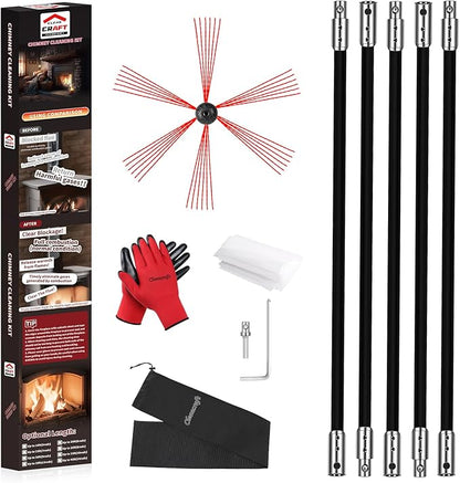 Chimney Sweep Kit 16 Feet, Chimney Cleaning Kit with 5 Black Nylon Flexible Chimney Rods, Rotary Chimney Cleaning System Driven by Drill for Sweeping Fireplace, Chimney Cleaners with Strong Brush