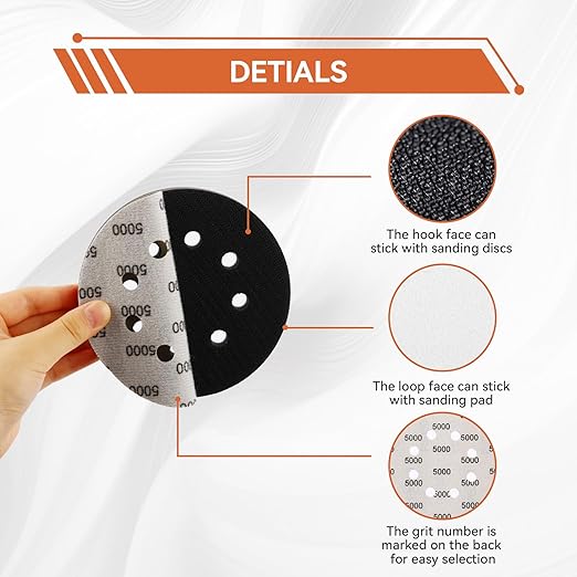 80PCS 5 Inch Sanding Discs Hook & Loop Sandpaper 1500/2000/2500/3000/4000/5000/7000/10000 Grit Orbital Wet Dry Sandpaper with 2PCS Interface Pads for Automotive Wood Metal Polishing