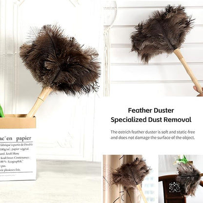 Ostrich Feather Duster 16 inch Feather Duster Fluffy Natural Genuine Ostrich Feathers with Wooden Handle and Eco-Friendly Reusable Handheld Ostrich Feather Duster for Cleaning Supplies
