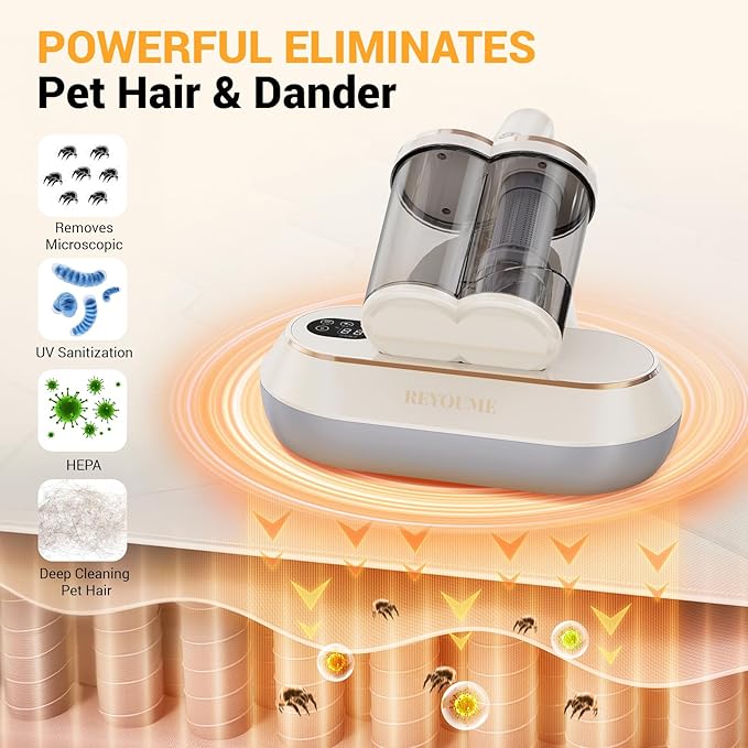 ReYoume Mattress Vacuum Cleaner 13Kpa Bed Vacuum Cleaner with 253.7nm UV-C Light 149℉ Heating Dual Cup Widen Suction Port Handheld Vacuums for Bed, Sofa, Couch(White)
