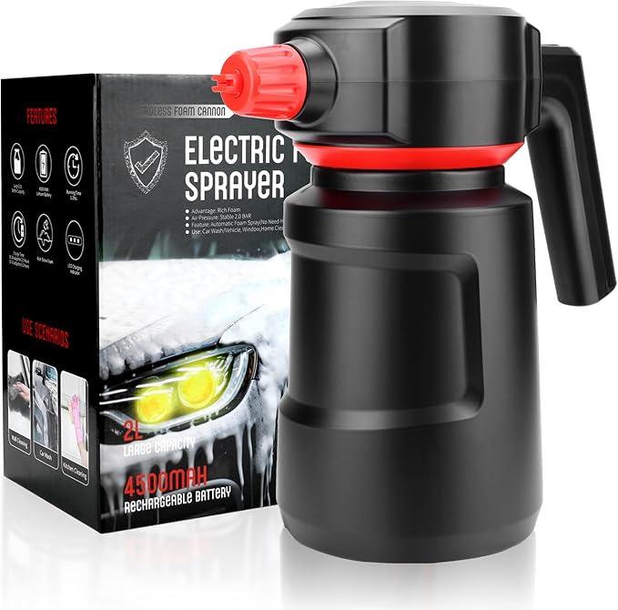 Electric Foam Sprayer - 2L Car Wash Sprayer with USB Rechargeable Battery, Cordless, Portable, Black
