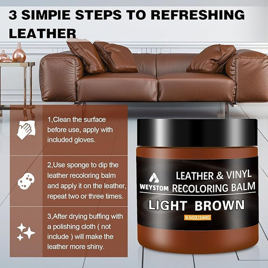 Leather Recoloring Balm - Light Brown Leather Repair Kit for Furniture, Dye, Recolor, Renew, Repair & Restore Aged, Faded, Cracked, Peeling and Scuffed, Car Care