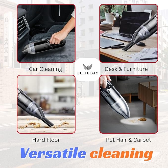 ELITE BAY Car Vacuum Cleaner – 120W High-Power Cordless Mini Vacuum with USB Charging | Dual 2000mAh Battery | Lightweight 0.36kg | 0.5L Dust Capacity | Compact Handheld Cleaner Car Home Office