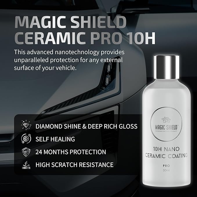 Magic Shield Ceramic Coating PRO 10H - Self-Healing | Long lasting for 2 cars+ | Advanced SiO2 Protection | Easy Application | Candy-Like Gloss | Perfect for Cars, Motorcycles, RVs, and Boats (50ml)