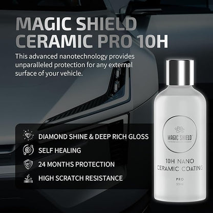 Magic Shield Ceramic Coating PRO 10H - Self-Healing | Long lasting for 2 cars+ | Advanced SiO2 Protection | Easy Application | Candy-Like Gloss | Perfect for Cars, Motorcycles, RVs, and Boats (50ml)