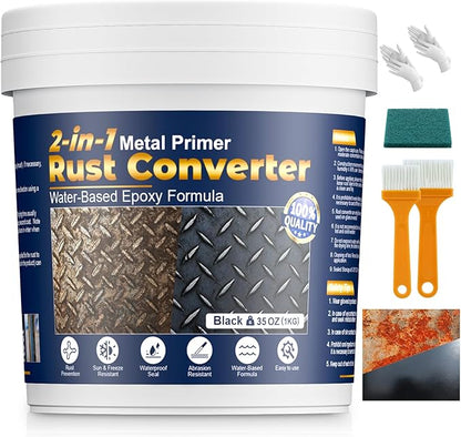 Rust Converter & Metal Primer, 2-in-1 Black Rust Remover Paint Water-Based Metal Preventive Coating Heat Resistant UV Stable for Automotive, Industrial, Indoor Outdoor Use, Trailers, Fences, 35oz