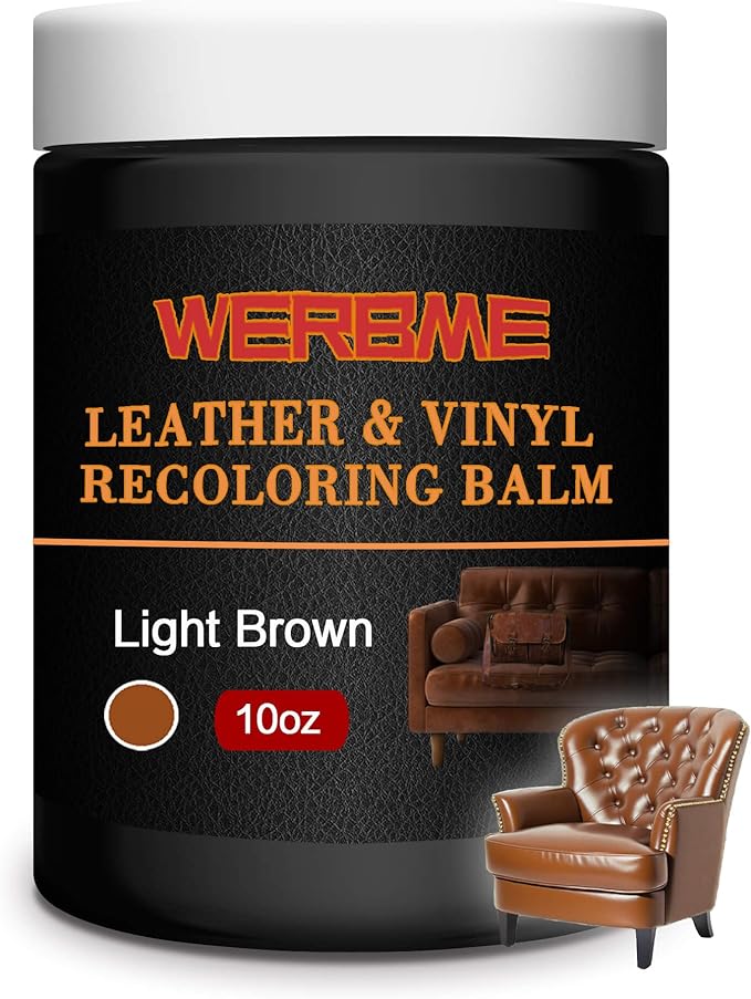 WERBME Leather Recoloring Balm & Color Restorer - 10OZ Multipurpose Dye & Paint for Faded Leather Couches, Car Seats, Shoes | Fix Scratches on Clothing, Furniture & Accessories(Light Brown)