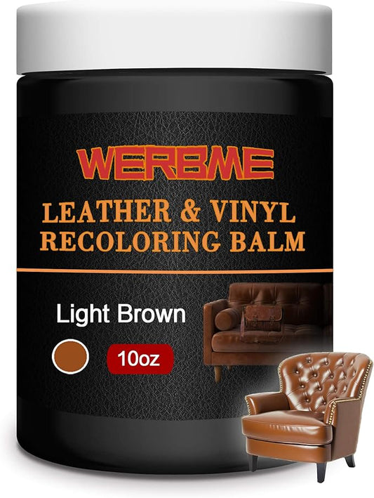 WERBME Leather Recoloring Balm & Color Restorer - 10OZ Multipurpose Dye & Paint for Faded Leather Couches, Car Seats, Shoes | Fix Scratches on Clothing, Furniture & Accessories(Light Brown)