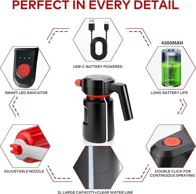 Electric Foam Sprayer - 2L Car Wash Sprayer with USB Rechargeable Battery, Cordless, Portable, Black