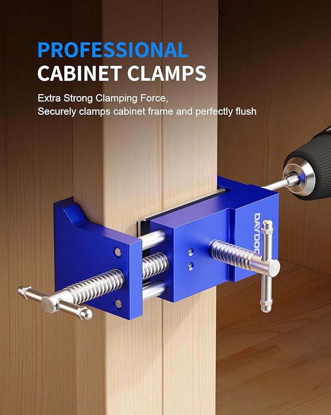 DAYDOOR Professional Cabinet Clamps 4 Pack, Heavy-Duty Cast Steel, Integrated Drill Guide & EVA Protection, Face Frame Alignment Tool for Cabinet Installation & Woodworking, Blue