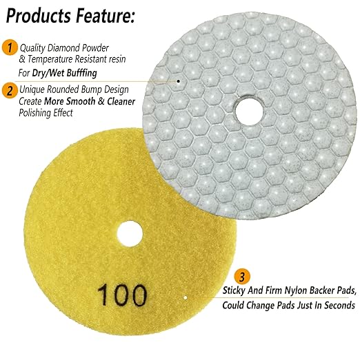 4 Inch Dry Diamond Polishing Pads Set - 1 Box of 34 Piece Dry/Wet Granite Sanding Pad for Bufffing Marble Quartz Concrete Stone Tiles Used for Grinder Polisher Drill