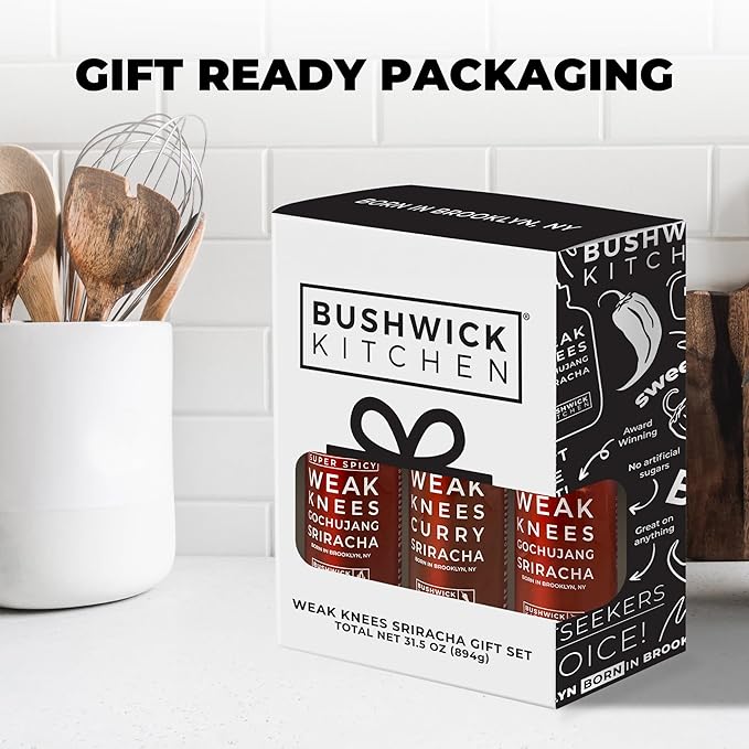 Bushwick Kitchen Sriracha Sampler Gift Box, Set Includes Gochujang Sriracha, Super Spicy Gochujang Sriracha, Curry Sriracha Hot Sauce, 5 Recipes, Chile Pepper Dish Towel, and Bushwick Kitchen Gift Box
