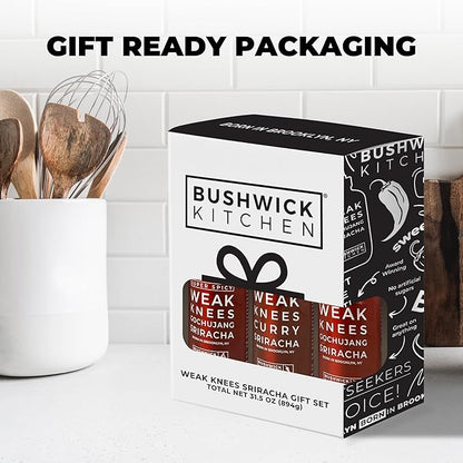 Bushwick Kitchen Sriracha Sampler Gift Box, Set Includes Gochujang Sriracha, Super Spicy Gochujang Sriracha, Curry Sriracha Hot Sauce, 5 Recipes, Chile Pepper Dish Towel, and Bushwick Kitchen Gift Box