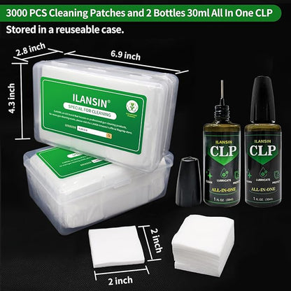 ILANSIN 3000/1500PCS Gun Cleaning Patches+CLP Oil,2"x2" Lint Free Gun Cleaning Cloth,Professional Wipes for Shot Pistol/All Caliber of Firearms.Store in Box Can Store Gun Cleaning Kit,Choose Your Set