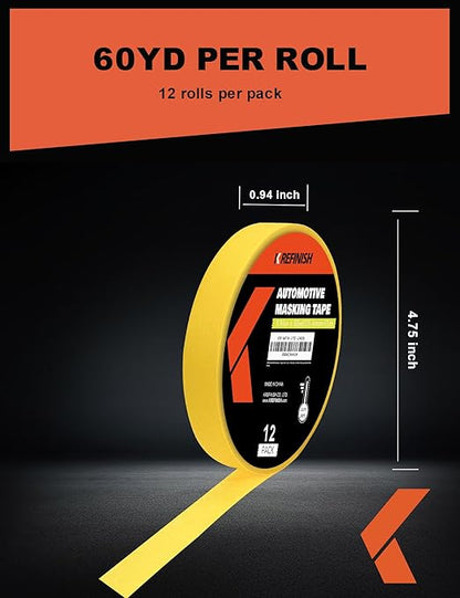 KREFINISH Painters Tape for Cars Vehicles Paint Tape Auto Body Yellow Masking Tape Heat Resistant Automotive Removable No Residue Painting Tape Bulk Set for Paint Booth, 0.94in-60 yards/12rolls