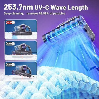 LED Display Mattress Vacuum Cleaner, 18Kpa Bed Vacuum Cleaner with 253.7nm UV-C Light, 149℉ Heat, Triple-Cup Versatile Handheld Vacuums for Bed Sofa Carpets Pet Hair