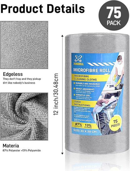 XINDELL Microfiber Cleaning Cloth Roll – 150 Pack 12"x12", Tear-Off Microfiber Towels, Lint-Free, Ultra Absorbent Car Detailing & Cleaning Cloths – Grey