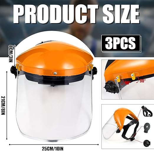 Copkim 3 Pack Safety Face Mask Shield for Grinding Clear Full Face Impact Resistant Safety PET Full Impact Resistant Mask Shield for Work Construction Cutting (Clear PET,Orange)