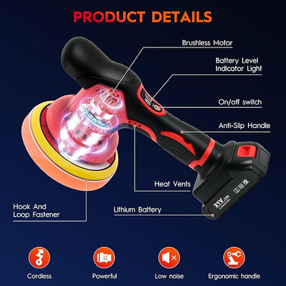 Cordless Car Buffer Polisher Kit with 2x21V Batteries, 6 Inch Car Polisher with 8 Variable Speed 2800-6000RPM & 21 PCS Attachments, Orbital Polisher for Car Detailing, Sanding,Scratch Removing