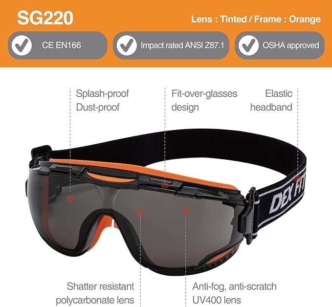 DEX FIT Protective Safety Goggles SG220; Anti Fog & Scratch, Z87 Eye Protection for Work, Adjustable for Women and Men, (Black & Orange Frame, Tinted Lens, 30cm Strap)