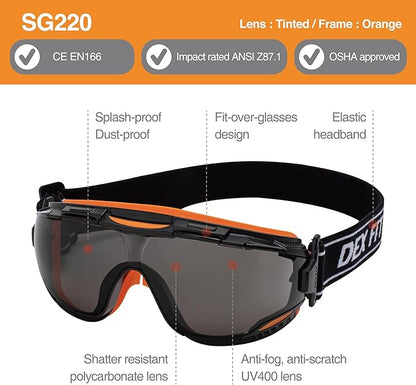DEX FIT Protective Safety Goggles SG220; Anti Fog & Scratch, Z87 Eye Protection for Work, Adjustable for Women and Men, (Black & Orange Frame, Tinted Lens, 30cm Strap)
