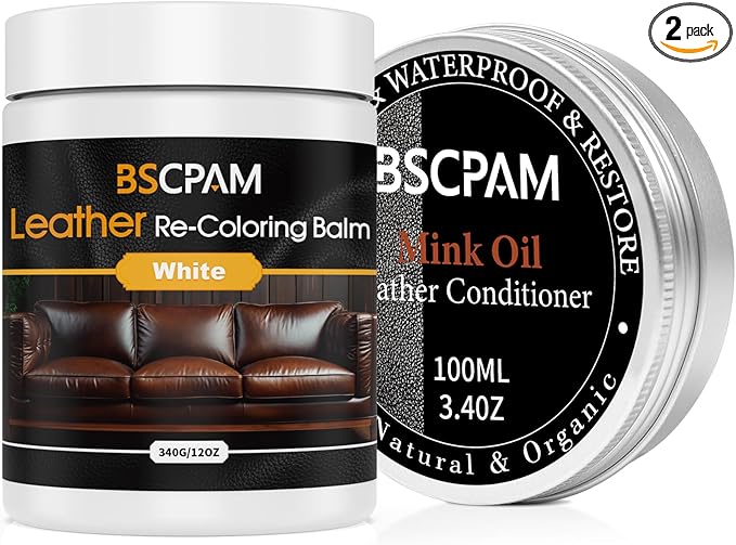 BSCPAM 12oz Leather Recoloring Balm & 3.4oz Mink Oil Leather Conditioner kit,White Leather Color Repair Kits for Couches, Leather Couch Paint Scratch Repair for Furniture Car Sofa Shoes Leather Dye