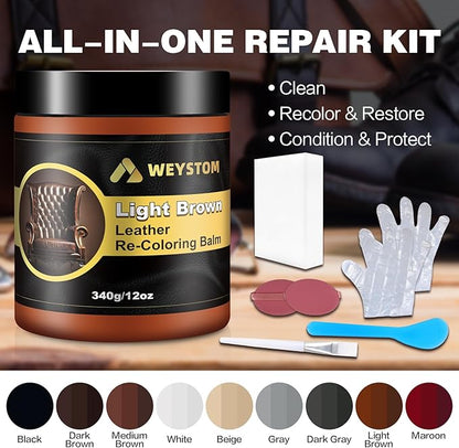 WEYSTOM Leather Recoloring Balm, 12oz Large Size Leather Dye, Color Restorer, Scratch Repair, Furniture & Couch Restorer Kit, Repair Kit for Furniture(Light Brown)