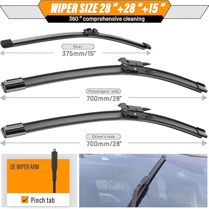 AUTOBOO 28"+28" Windshield Wipers with 15 Inch Rear Wiper Blade Replacement for Ford edge 2015 2016 2017 2018 2019 2020 2021 2022 2023-Original Factory Quality (Pack of 3)