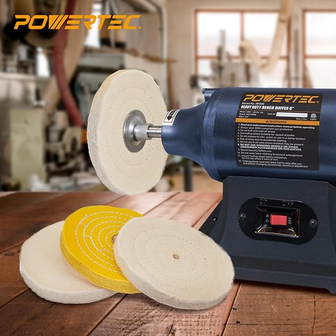 POWERTEC 6-Inch Bench Buffer Jewelry Polisher - Includes 5PCs 80Ply Buffing Wheels + 3PCs Polishing Compound Set | Benchtop Buffing Machine for Metal, Jewelry, Knives, Wood, Jade, and Plastic (BF601D)