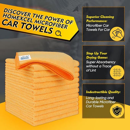 HOMEXCEL Yellow Microfiber Cleaning Cloths 12 Pack, 12.5 x 12.5 inch Microfiber Towel for Cars, Ultra Absorbent Car Washing Cloth, Lint Free Streak Free Cleaning Rags for Car, Kitchen, and Window