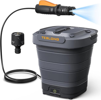 Teslong Portable Electric Pressure Washer with 12L Tank, Foldable Design, 4-in-1 Nozzle, Type-C Charging, 10L Water Storage Bag, Cordless Power Washer for Outdoor Camping, Gardening, and Pet Grooming