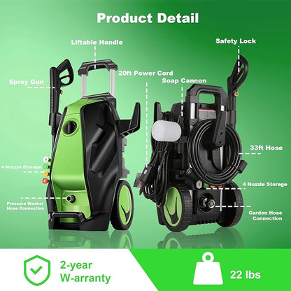 5000PSI Electric Pressure Washer with 33FT Hose 4.0GPM Power Washers Electric Powered Professional High Pressure Cleaner Machine, Foam Cannon, 4 Tips, powerwashers for Home Cars, Green
