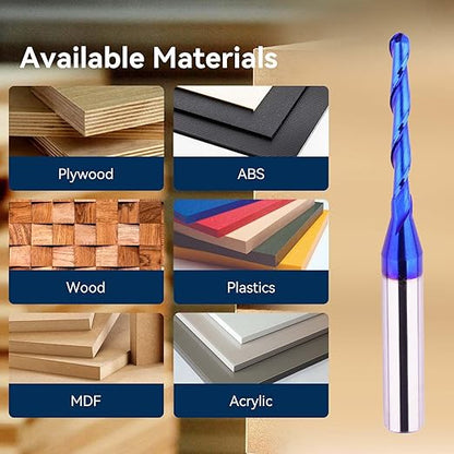 CNC Router bits Carbide Ball Nose End Mill with Nano Blue Coating for Side Milling. End Milling. Finish Machining. (1/8" Cut Dia-Extra Long Cutting Length)