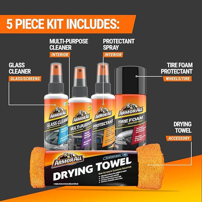 Armor All Car Wash and Car Interior Cleaner Kit, Includes Towel, Tire Foam, Glass Spray, Protectant Spray and Cleaning Spray, Multicolor, 5 Count (Pack of 1)