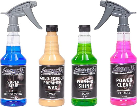 LANE'S Premium Detail Kit - 32oz- Contains Super Blue Tire Dressing - Gold Edition Premium Wax - Wash & Shine Soap- Power Clean Vinyl Cleaner