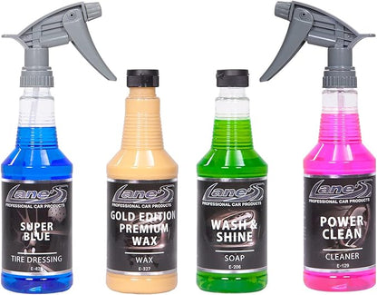 LANE'S Premium Detail Kit - 16oz- Contains Super Blue Tire Dressing - Gold Edition Premium Wax - Wash & Shine Soap- Power Clean Vinyl Cleaner