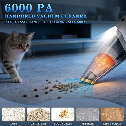 XGJUCE Handheld Vacuum Cordless,Car Vacuum Portable Cordless Rechargeable with led Light, 6kpa Strong Suction with Three Types of Suction Heads and Filters for car/Home/Office Cleaning