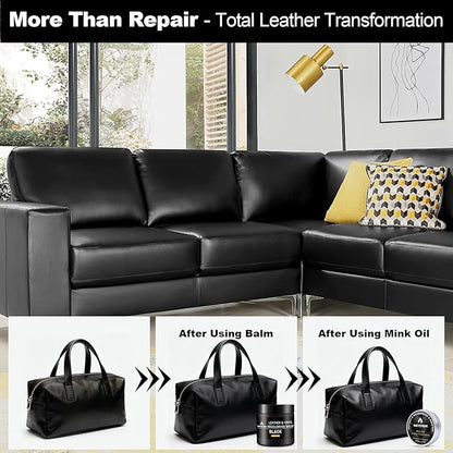 8.5 OZ Leather Recoloring Balm with 100ML Leather Conditioner - Black Leather Repair Kit for Furniture, Leather Dye, Recolor, Renew, Repair & Restore Aged, Faded, Cracked, Peeling and Scuffed Leather