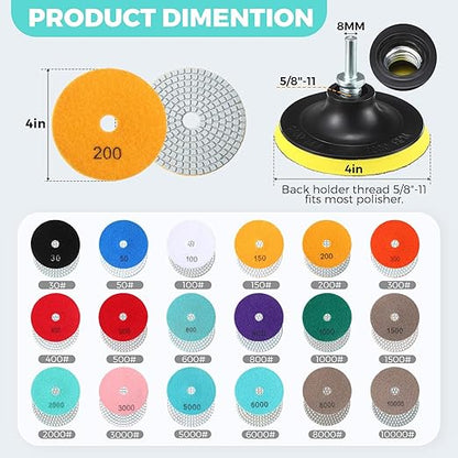 Blosssound 20 Pcs 4 Inch Diamond Polishing Pads with 5/8''-11 Backer Pad and Drill Bit Adapter Wet Dry Polish Pad Kit Granite Polishing Kit 30-10000 Grit Pads for Granite Marble Stone