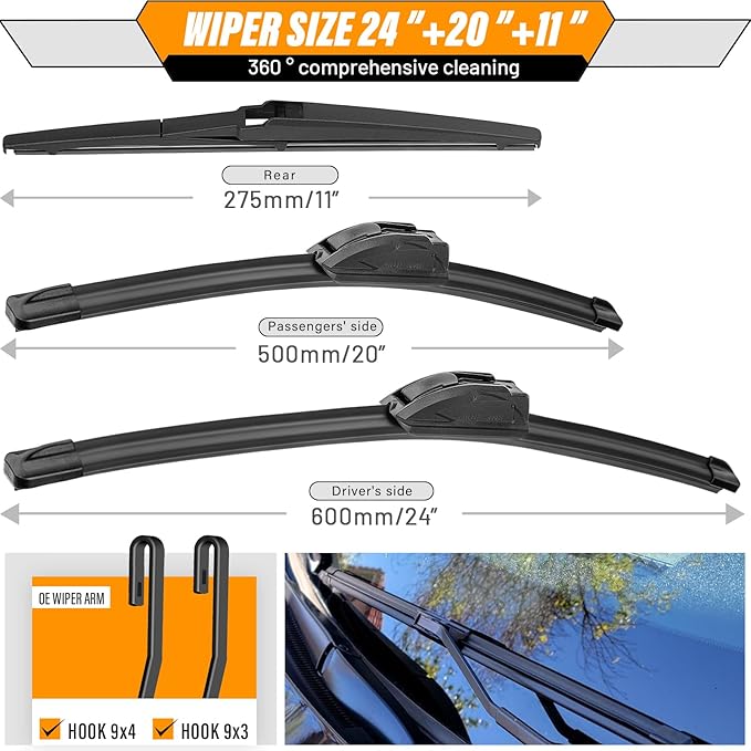AUTOBOO 24"+20" Windshield Wipers with 11" Rear Wiper Blade Replacement for Kia Sorento 2011 2012 2013 2014 2015, 2010-2019 Kia Soul Soul EV-Original Factory Quality (Pack of 3)