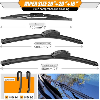 AUTOBOO 26"+20" Windshield Wipers with 16" Rear Wiper Blade Replacement for Dodge Grand Caravan 2008-2014 2015 2016 2017 2018 2019 2020 Town & Country -Original Factory Quality (Pack of 3)