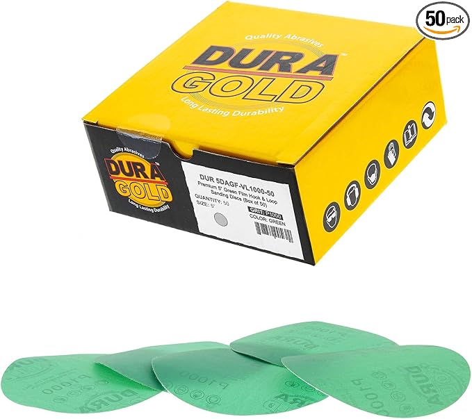 Dura-Gold Premium 5" Green Film Sanding Discs - 1000 Grit (Box of 50) - Hook & Loop Backing Sandpaper Discs for DA Sanders, Finishing Extra Fine Cut Abrasive - Sand Automotive Paint, Woodworking Wood