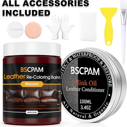 BSCPAM 12oz Leather Recoloring Balm & 3.4oz Mink Oil Leather Conditioner kit,Maroon Leather Color Repair Kits for Couches, Leather Couch Paint Scratch Repair for Furniture Car Sofa Shoes Leather Dye