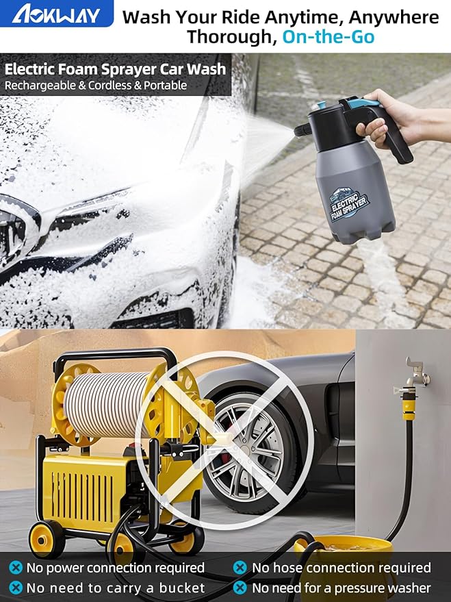aokway Car Wash Kit Accessories Electric Foam Sprayer + Microfiber Drying Towel + Large Sponge, Car Wash Foam Gun, car Washing Kit Supplies, Soap Foaming Pump Sprayer for Home Household Cleaning